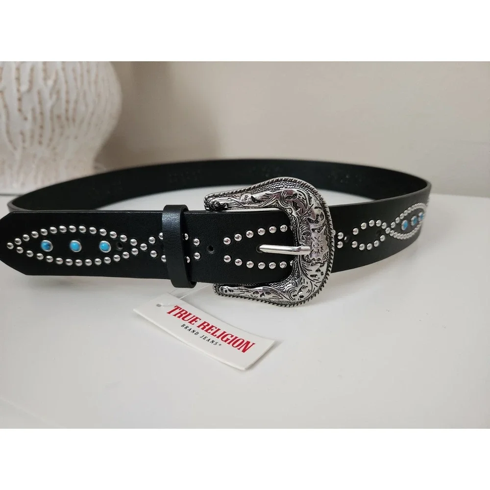 TRUE RELIGION Women Stone Embellished Southwestern Faux Leather Black‎ Belt L/XL
